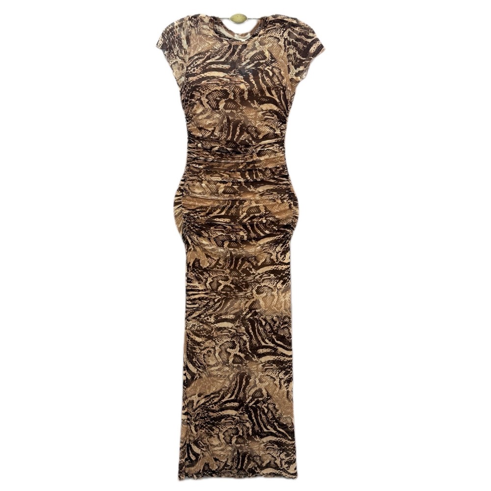 No Comment Sheer Collection Brown Snakeskin Ruched Mesh Maxi Dress  S